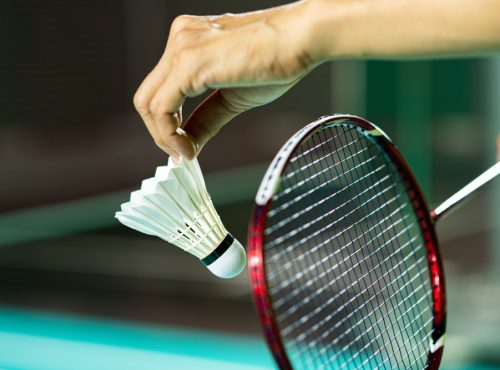 Hands,Of,Badminton,Player,Holding,Racket,Serving,White,New,Shuttlecock